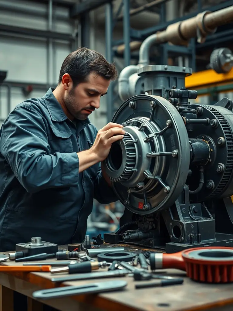 A technician performing maintenance on a large water pump, surrounded by tools and parts.