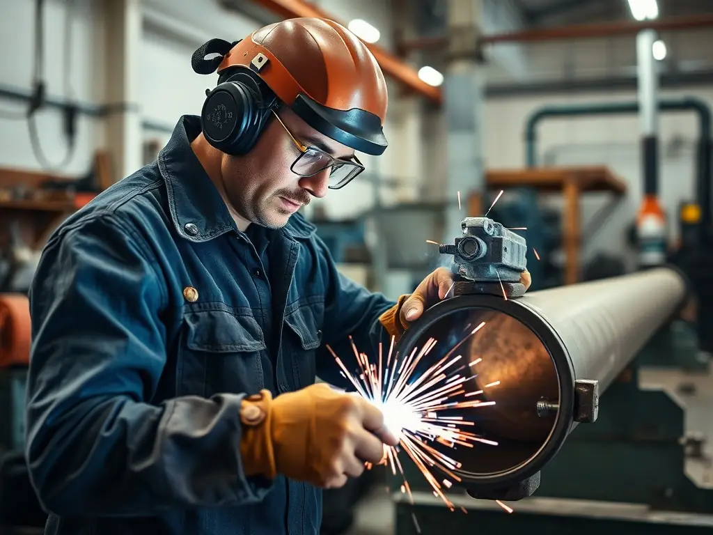 A skilled metalworker welding a large industrial pipe in a workshop, demonstrating precision and expertise.