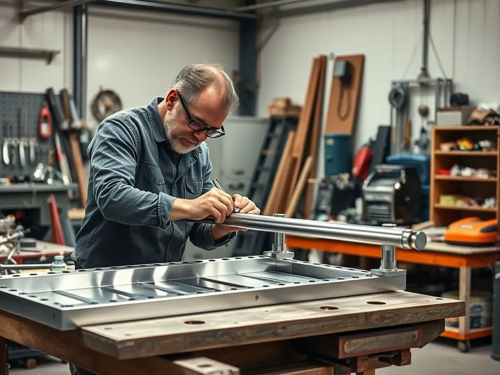A craftsman assembling a custom stainless steel structure in a workshop, highlighting precision and craftsmanship.
