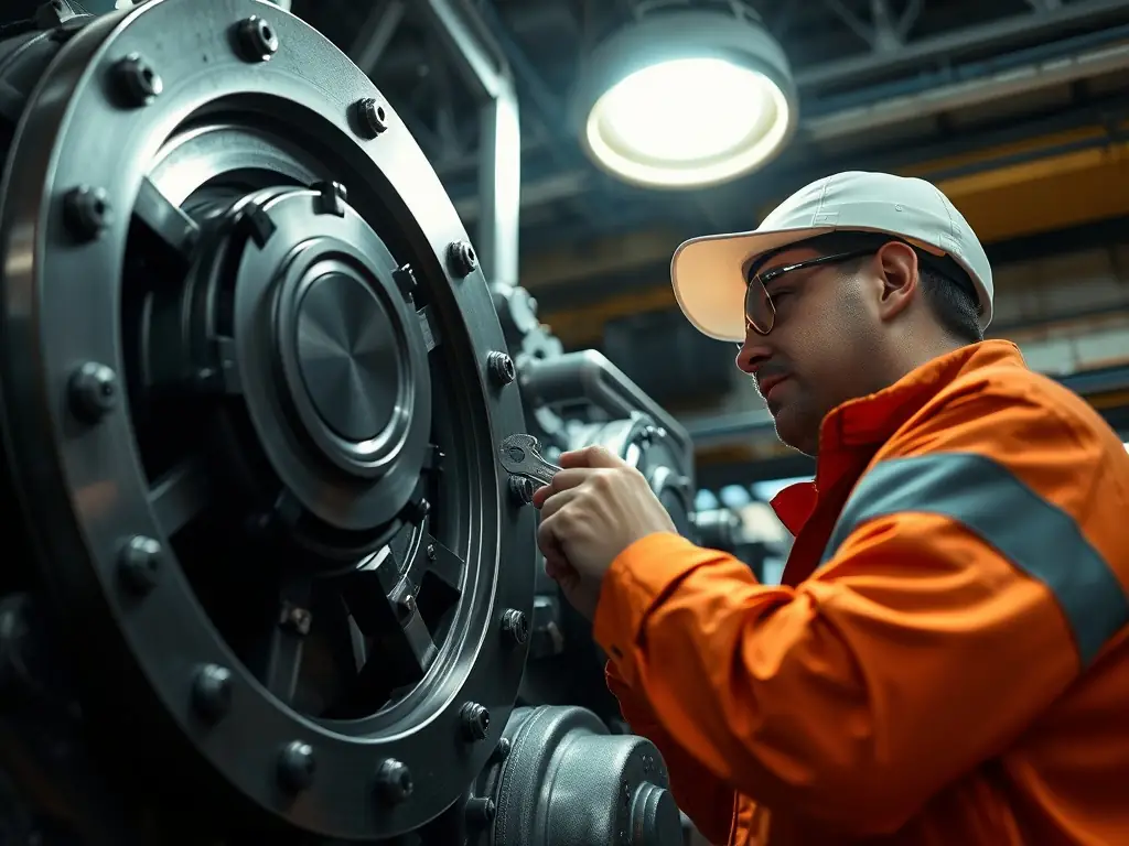 A technician inspecting a large industrial machine under bright overhead lighting.