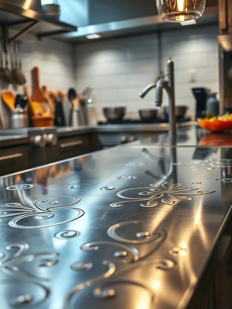 A polished stainless steel countertop with intricate designs in a well-lit kitchen.