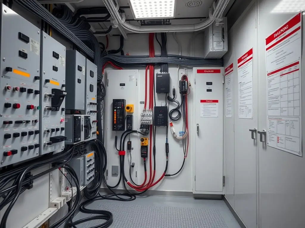 A modular electrical room setup with neatly arranged components and wiring in a well-lit space.