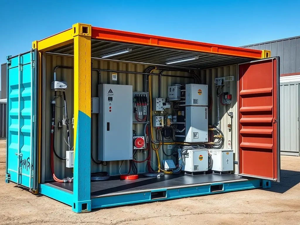 A modified shipping container transformed into an electrical room for a fiber optic node project.