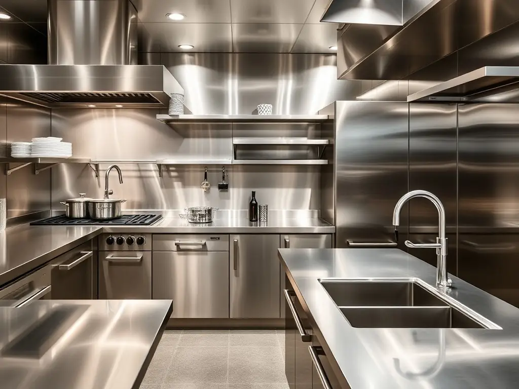 A stainless steel kitchen setup illustrating expertise in stainless steel fabrication.