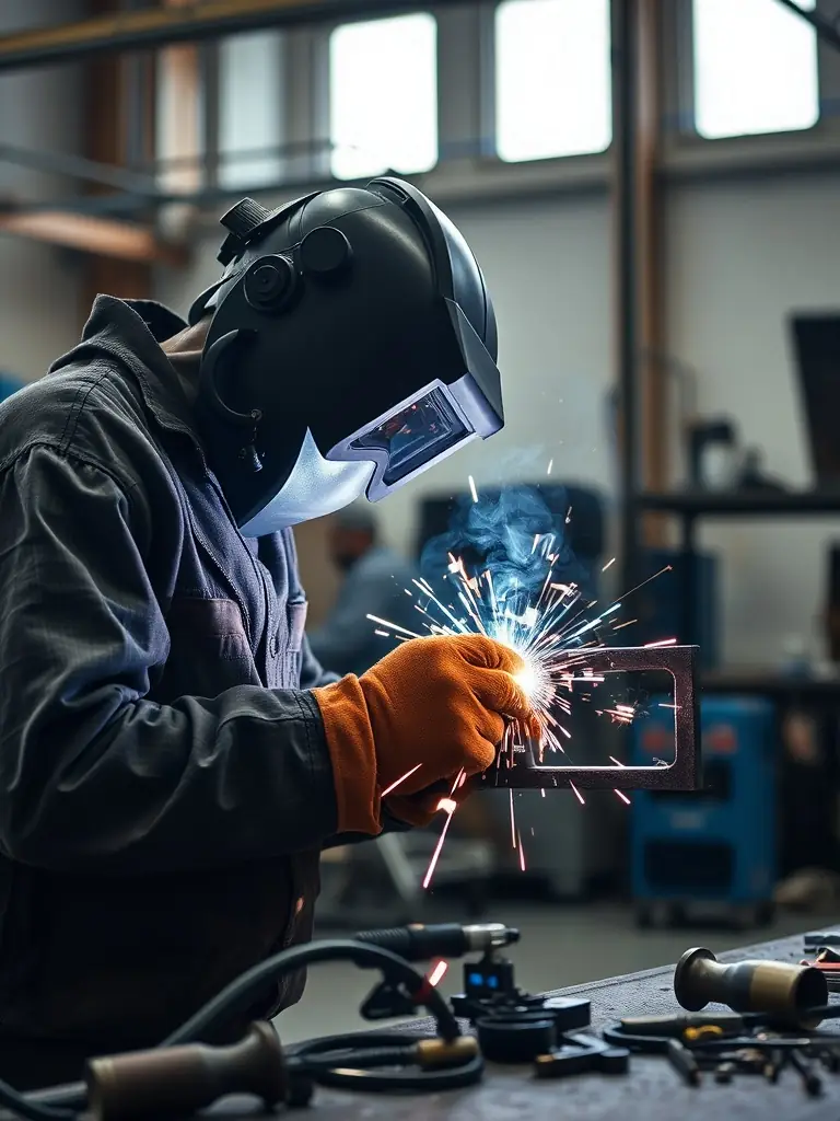 A welder in protective gear working on a metal structure, with bright sparks illuminating the workshop.