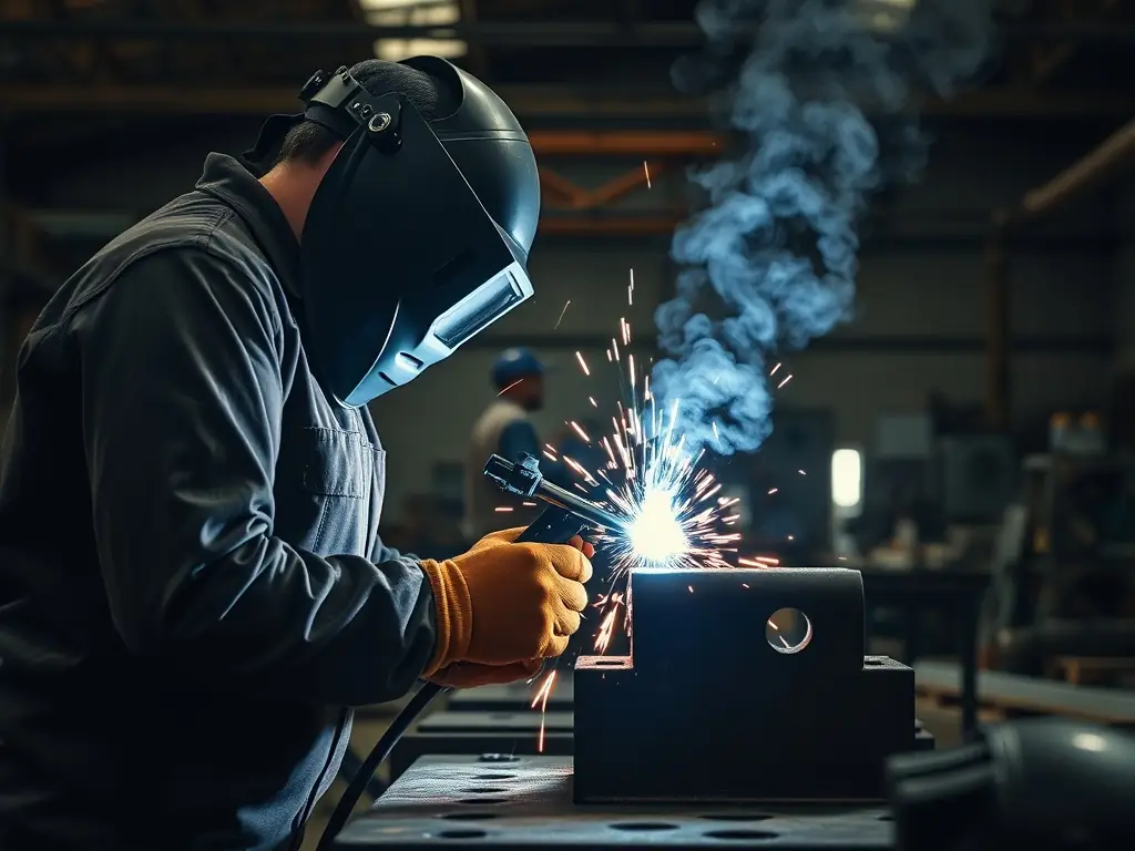 A welder working on a large metal structure in a workshop, with sparks flying from the welding torch.