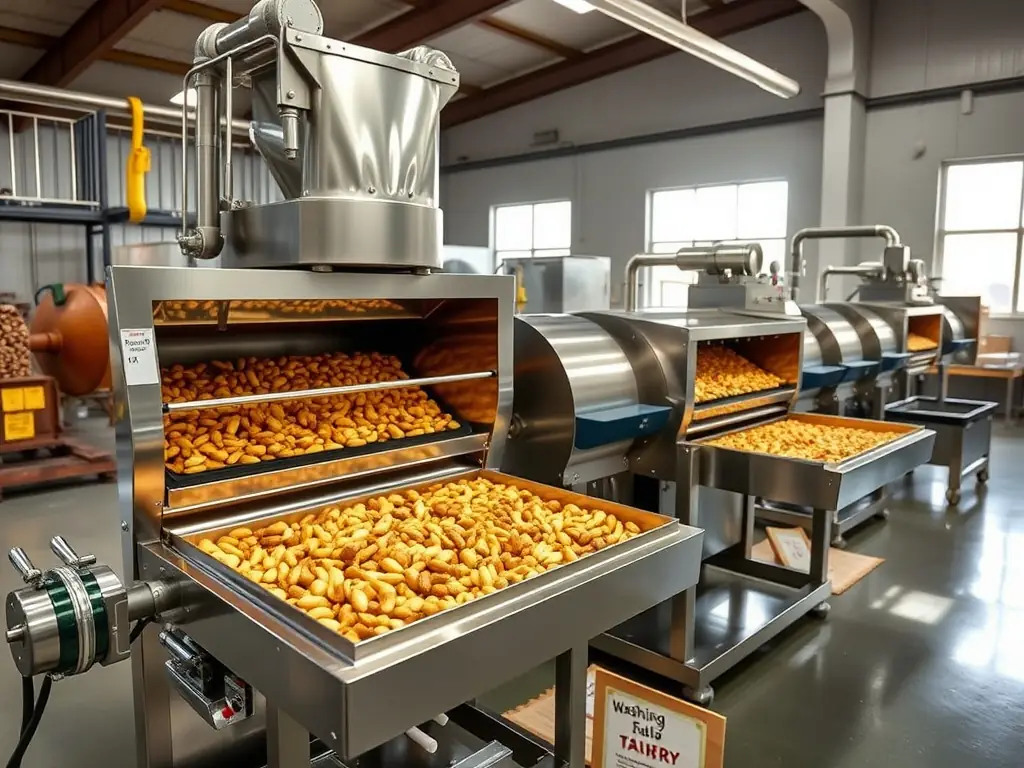 Machinery designed for nut processing, including roasting, peeling, and washing, tailored for Tostaduría Talca.