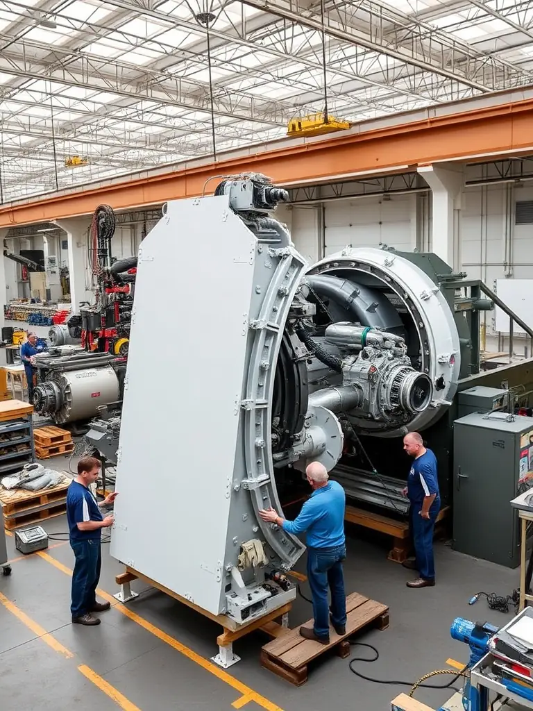 A large industrial machine being assembled in a factory setting.